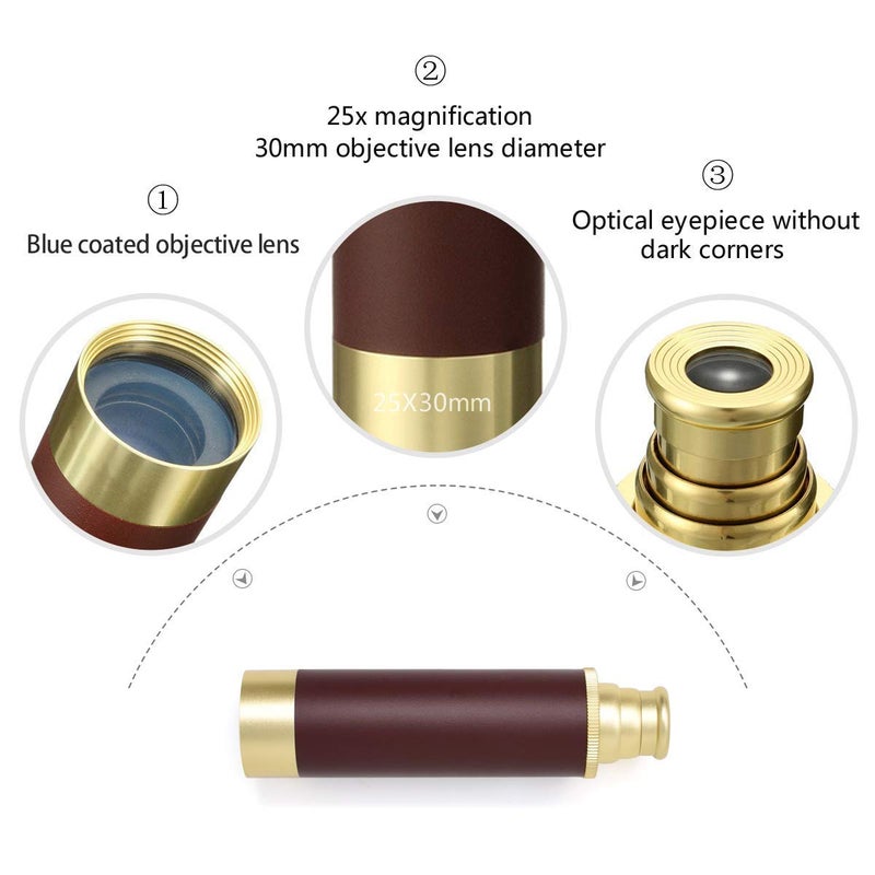 Aubric Retro Pirate Telescope Zoomable 25x30 Spyglass Portable Collapsible Handheld Telescope Vintage Monocular for Kids & Survival Gear Compass Pocket Military Compass for Camping Boating - Image 4